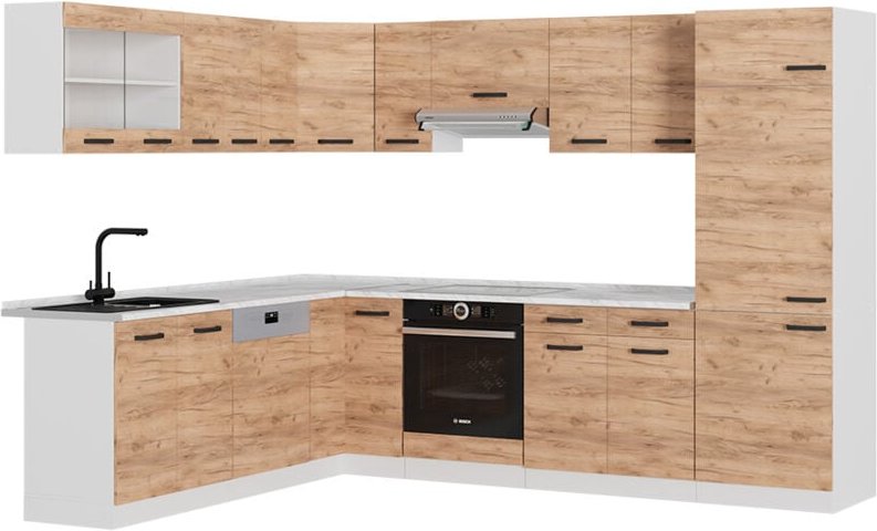 Eckküche R-Line, Goldkraft Eiche/Weiß, 227 x 287 cm ohne Arbeitsplatte, Vicco