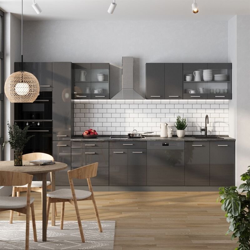 Vicco - Küchenzeile R-Line, Anthrazit Hochglanz/Anthrazit, 350 cm , ap Eiche