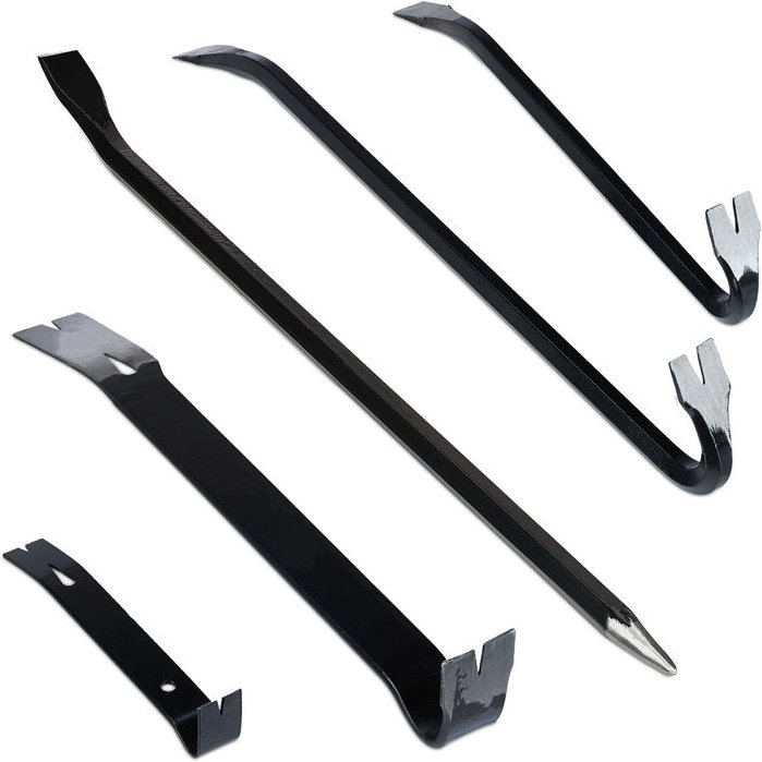 Brecheisen Set 5-teilig, Brechstange sechskant, Nageleisen groß, Kuhfuß lang, Montierhebel, aus Stahl, schwarz - Relaxda...