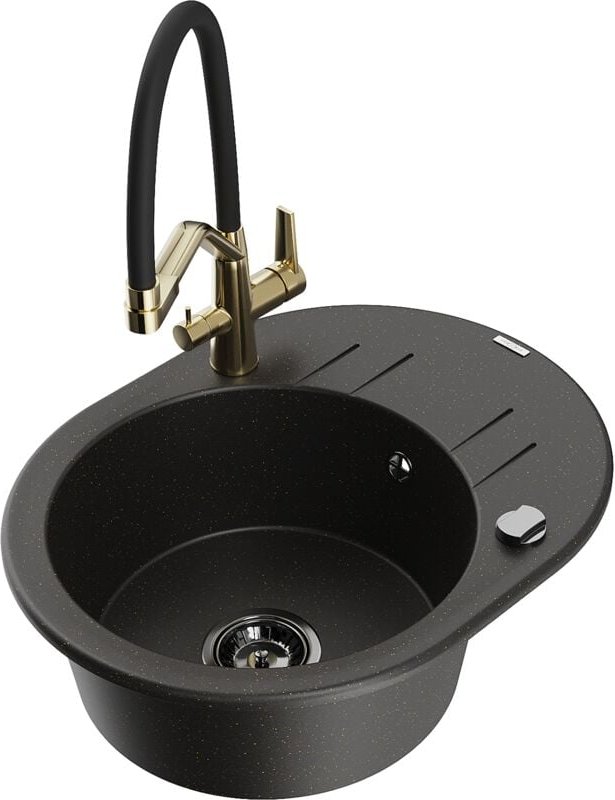 Thumbnail - Kevin 1-Becken-Granitspüle mit Mischbatterie Duo, Schwarz/Gold metallisch - 6517-75-671701-57- - Mexen