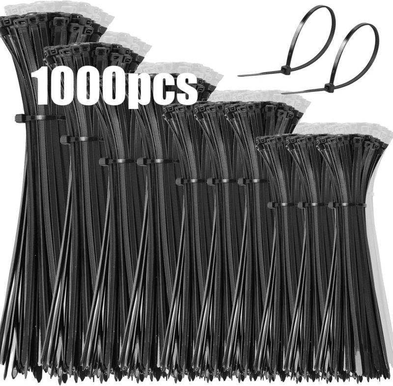 Thumbnail - 1000 Stück Kabelbinder, schwarzes Kunststoff-Kabelbinder-Sortiment 100/150/200/250/300 mm, Nylon-Kunststoff-Kabelbinder,...