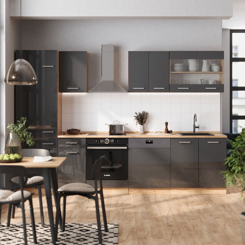 Thumbnail - Vicco - Küchenzeile R-Line, Anthrazit Hochglanz/Goldkraft Eiche, 300 cm , ap Eiche