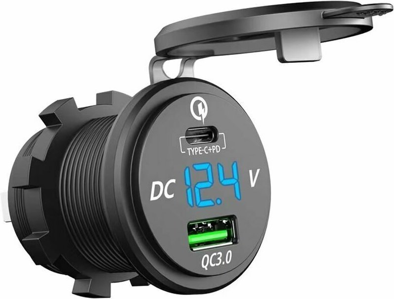 USB-C-Auto-Schnellladegerät, 12 V/24 V, QC 3.0, 64 W, Doppelsteckdose, wasserdichtes USB-Ladegerät mit LED-Voltmeter für...