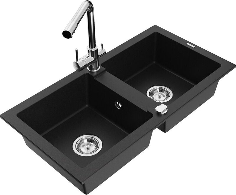 Mario 2-Becken-Granitspüle mit Mischbatterie Duero, Schwarz - 6504-77-671600-00 - Mexen