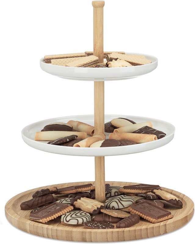 Etagere Bambus und Keramik, 3-stöckig, Servierplatte, DxH: 30 x 36 cm für Kekse, Obst, Knabberzeug, natur-weiß - Relaxda...