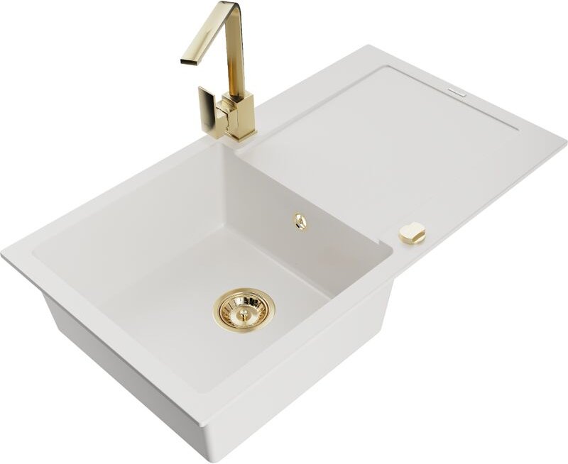 Leo 1 Becken-Granitspüle mit Abtropffläche und Mischbatterie Rita, Weiß - 6501-20-670300-50 - Mexen