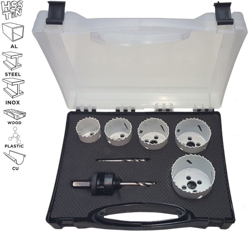 7 tlg Lochsägen-Set von 38 bis 64 mm, hss Bi-Metall