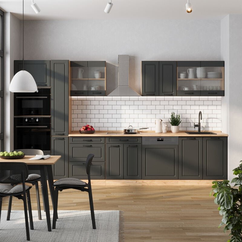 Vicco - Küchenzeile R-Line, Anthrazit Landhaus/Goldkraft Eiche, 350 cm , ap Anthrazit