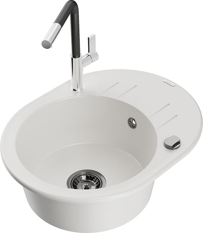 Kevin 1 Becken-Granitspüle mit Abtropffläche und Mischbatterie Flora, Weiß - 6517-20-670401-07 - Mexen