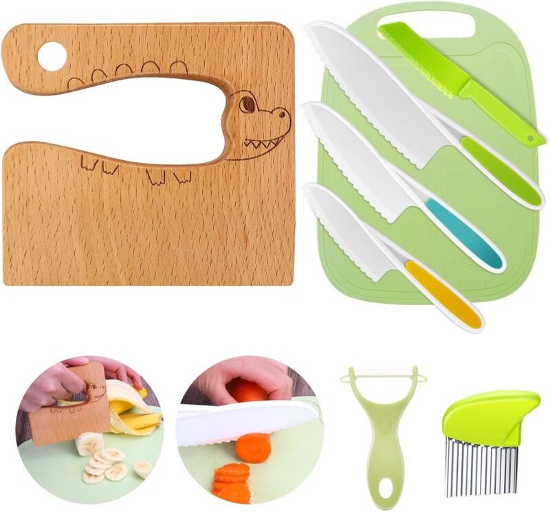 8-teiliges Küchenmesser-Set für Kinder – zum Schneiden und Kochen von Obst oder Gemüse – mit Holzmesser, Schneidebrett u...