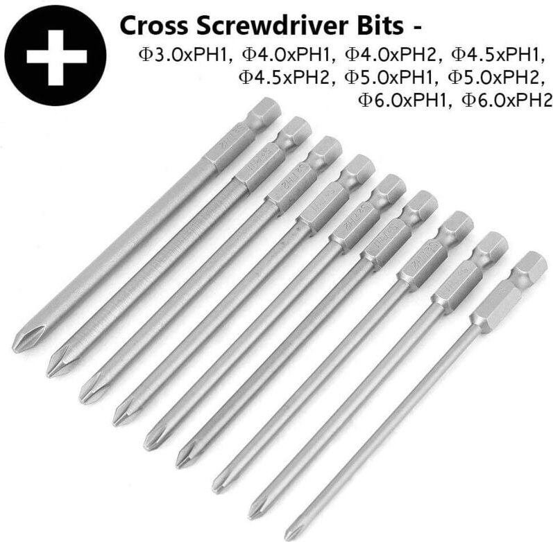 9-teiliges Set, 6,35 mm Sechskantschaft, Kreuzschlitzschraubendreher, Schraubendreher-Set, Elektrowerkzeug, Länge 150 mm