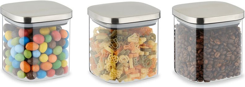 Relaxdays - Vorratsgläser mit Deckel, 3er Set, 600 ml, eckige Vorratsdosen, luftdichte Glasbehälter, transparent/silber