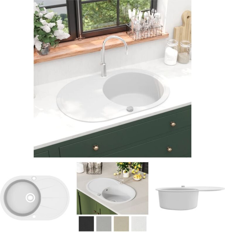 Prolenta Premium - The Living Store Granitspüle Einzelbecken Oval Weiß - Küchenspülen & Spülbecken - Weiß