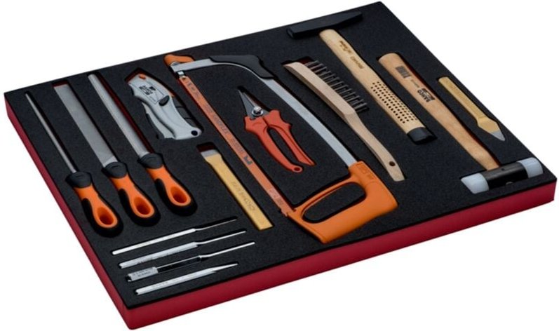 Fit&Go 3/3 Schaumstoffeinlage mit Werkzeugsatz Feile, Schlagwerkzeuge und Metallsägebogen - 15-tlg. - Bahco