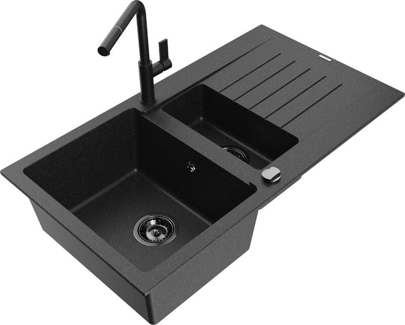 Matias 1,5-Becken-Granitspüle mit Abtropffläche und Mischbatterie Flora, Schwarz/Silber - 6502 - Mexen