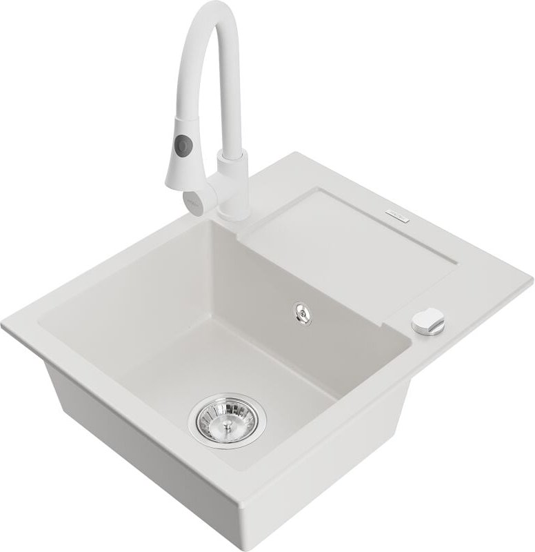 Enzo 1 Becken-Granitspüle mit Abtropffl√§che und Mischbatterie Elia, Wei√ü - 6506-20-670101-20 - Mexen