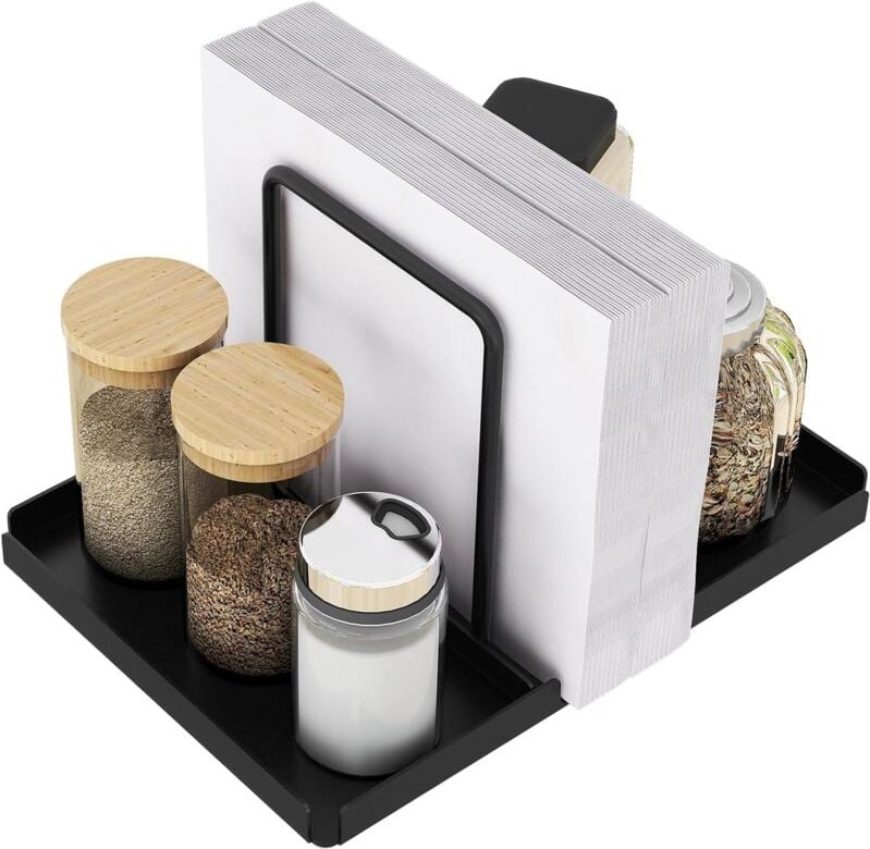 Dolaso - Serviettenhalter aus schwarzem Metall mit Salz- und Pfefferstreuer-Tablett, Serviettenspender für Tisch, Küchen...