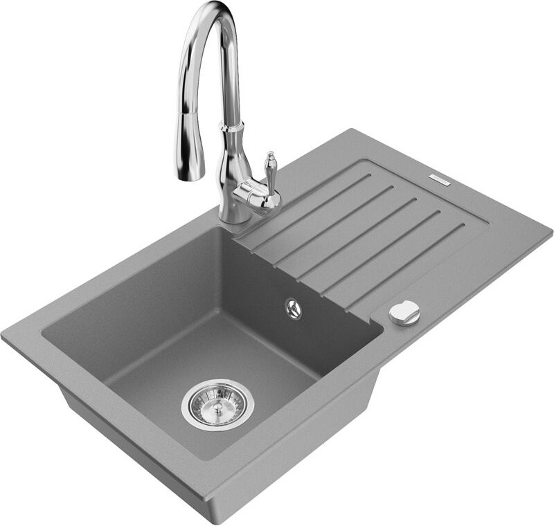 Pablo 1 Becken-Granitspüle mit Abtropffläche und Mischbatterie Savita, Grau - 6510-71-672601-0 - Mexen
