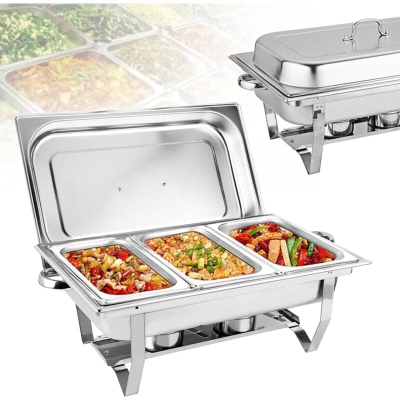 9 l Edelstahl 3 Grid Chafing Dish Speisenwärmer Warmhaltebehälter Warmhaltegerät mit Deckel und Kraftstoffbehälter, Buff...