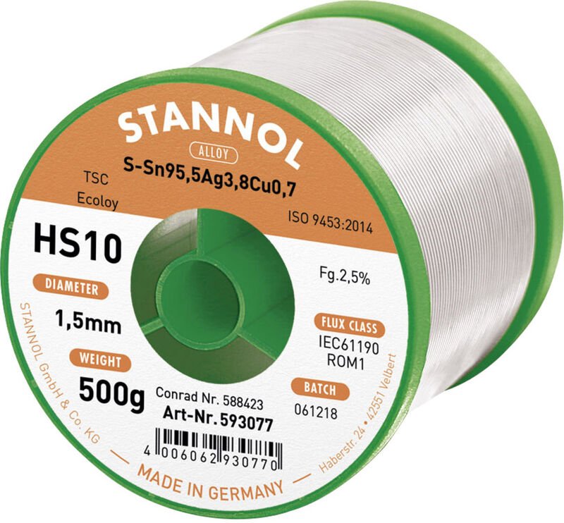 HS10 2510 Lötzinn, bleifrei Spule Sn95,5Ag3,8Cu0,7 ROM1 500 g 1.5 mm - Stannol