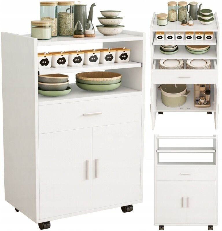 Mobiler Küchenschrank, moderner Rollwagen, Tisch, Regal auf Rollen, Loft, weiß