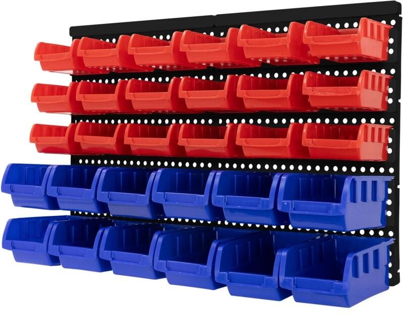 Ecd Germany - Wandregal mit Stapelboxen 30-tlg Blau-Rot, 18 kleine/12 große Schütten mit Etikettenfach, Werkstattregal e...