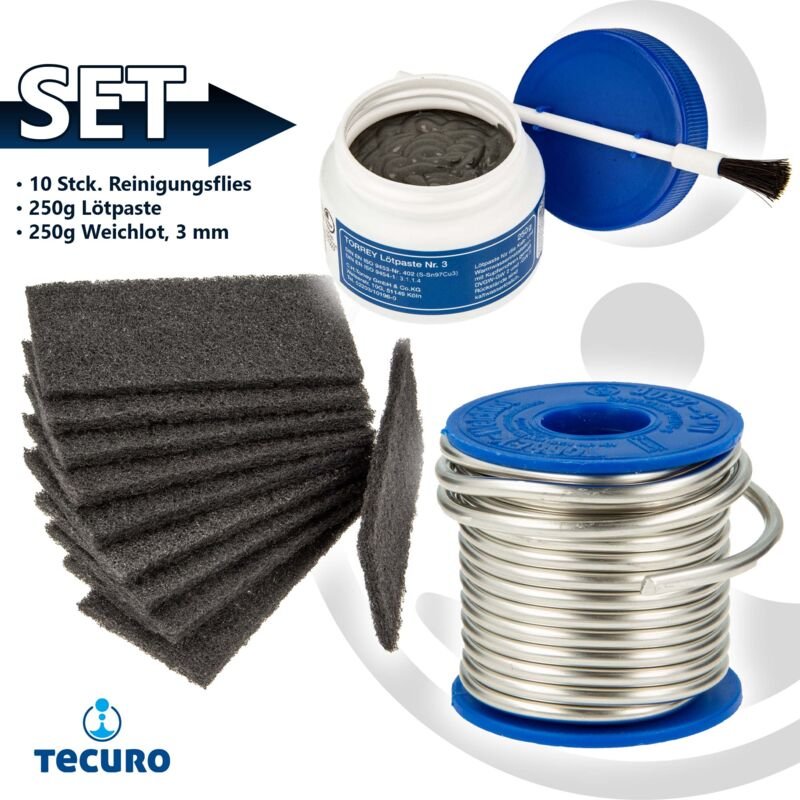 Tecuro Weichlöt - Starterset, Fittingslot 250 g, Lötpaste 250 g und 10 x Reinigungsvlies