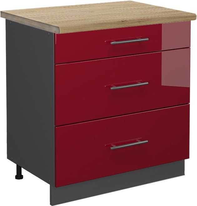 Vicco - Küchenunterschrank Fame-Line, Bordeaux Hochglanz, 80 cm mit 3 Schubladen, ap Eiche