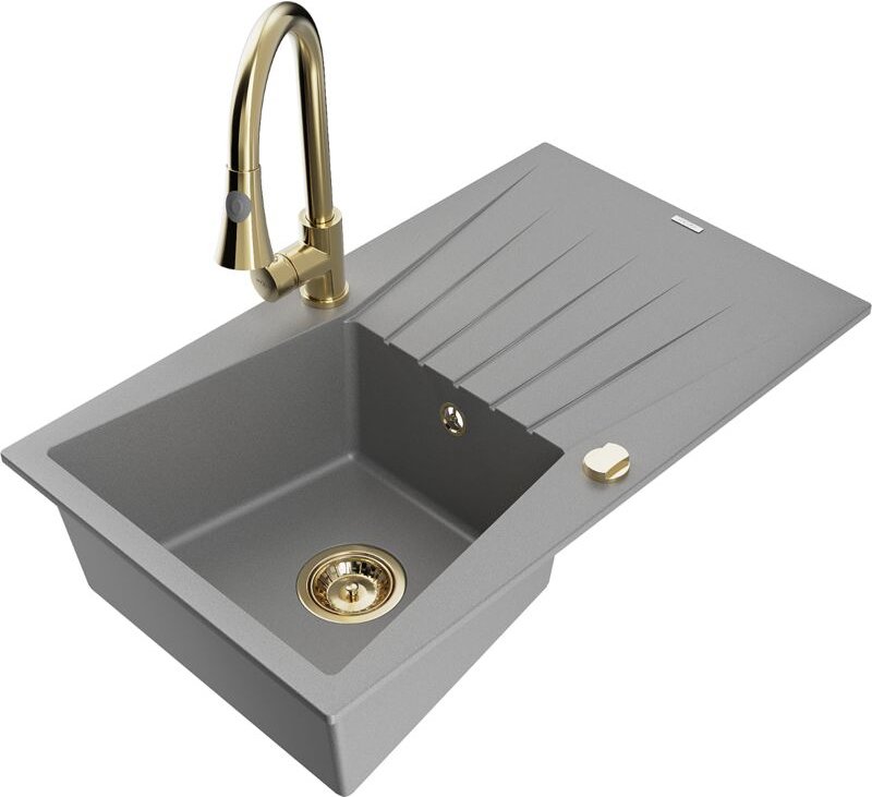 Cesar 1 Becken-Granitspüle mit Abtropffläche und Mischbatterie Elia, Grau - 6514-71-670101-50 - Mexen