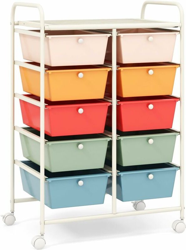 COSTWAY Rollwagen mit 10 stapelbaren Schubladen, Schubladenwagen Rollcontainer mit Metallgestell und Ablagefläche, Badro...