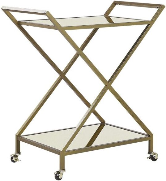 Servierwagen Gold 84 x 78 x 44 cm mit 2 Griffen aus Eisen und 2 Böden aus Spiegelglas Mobil Funktional Wohnzimmer Küche