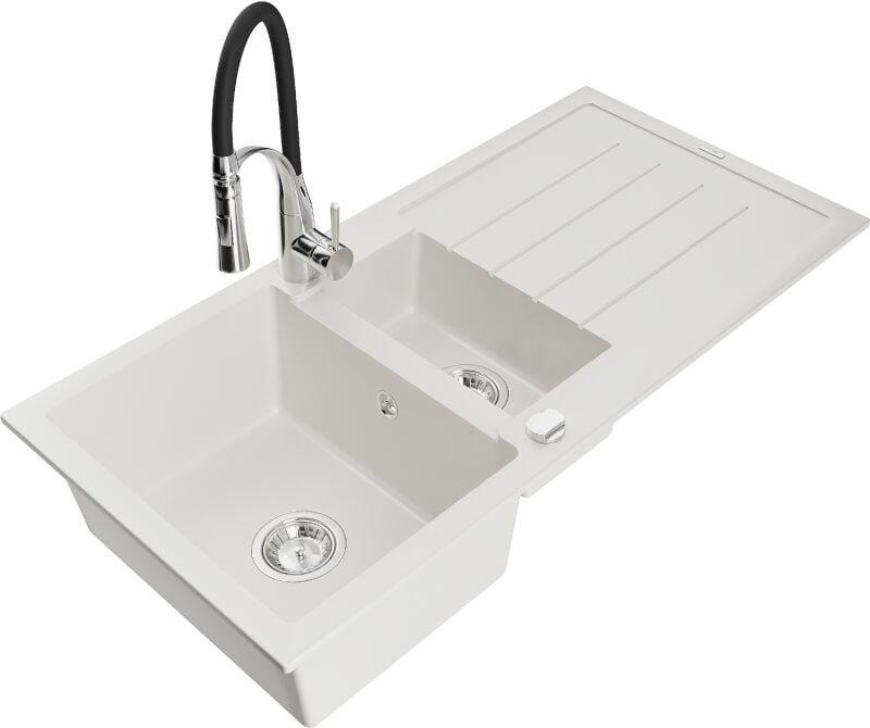 Andres 1,5-Becken-Granitspüle mit Abtropffl√§che und Mischbatterie Aster, Wei√ü - 6515-20-73450-07 - Mexen