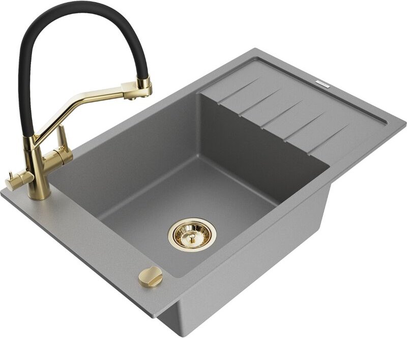 Elias 1 Becken-Granitspüle mit Abtropffläche und Mischbatterie Duo, Grau - 6511-71-671701-57-G - Mexen