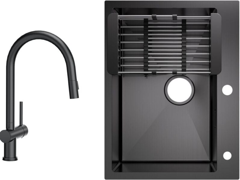 Cecipa Max - Küchenspüle aus Edelstahl 60x45cm Aufsatzwaschbecken Anthrazitschwarz + Ausziehbarer Küchenarmatur Schwarz ...