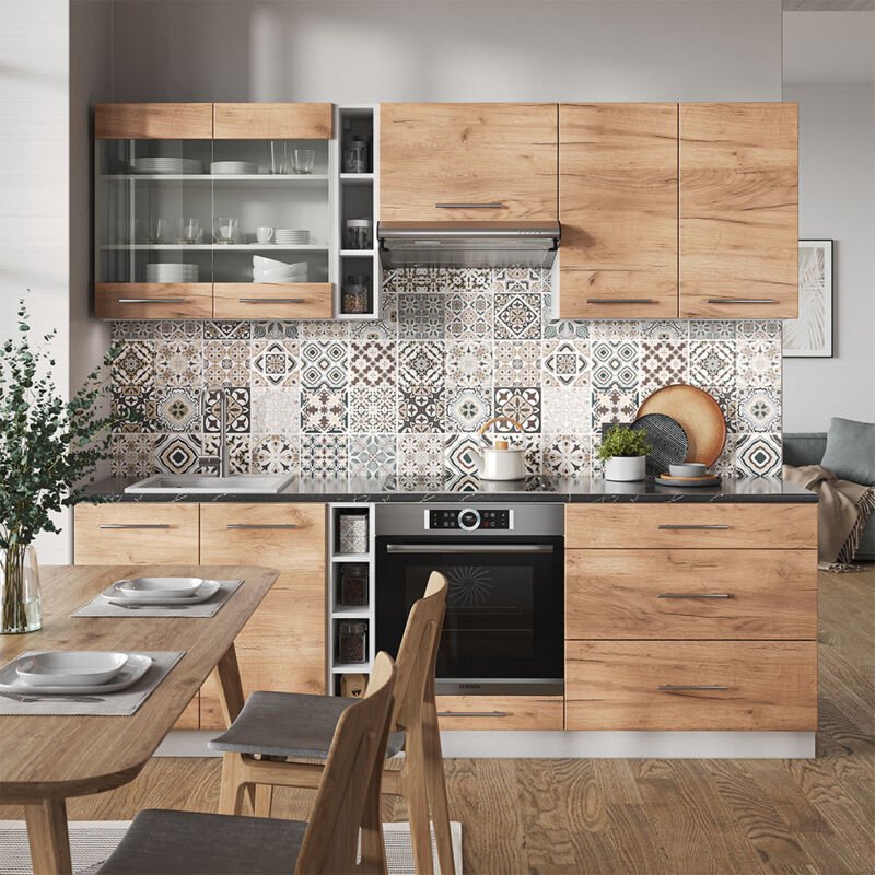 Vicco - Küchenzeile Fame-Line, Goldkraft Eiche/Weiß, 235 cm , ap Marmor