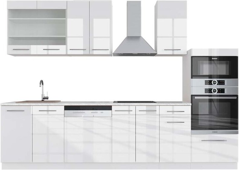 Vicco - Küchenzeile Fame-Line, Weiß Hochglanz/Weiß, 300 cm mit Hochschrank, ap Marmor
