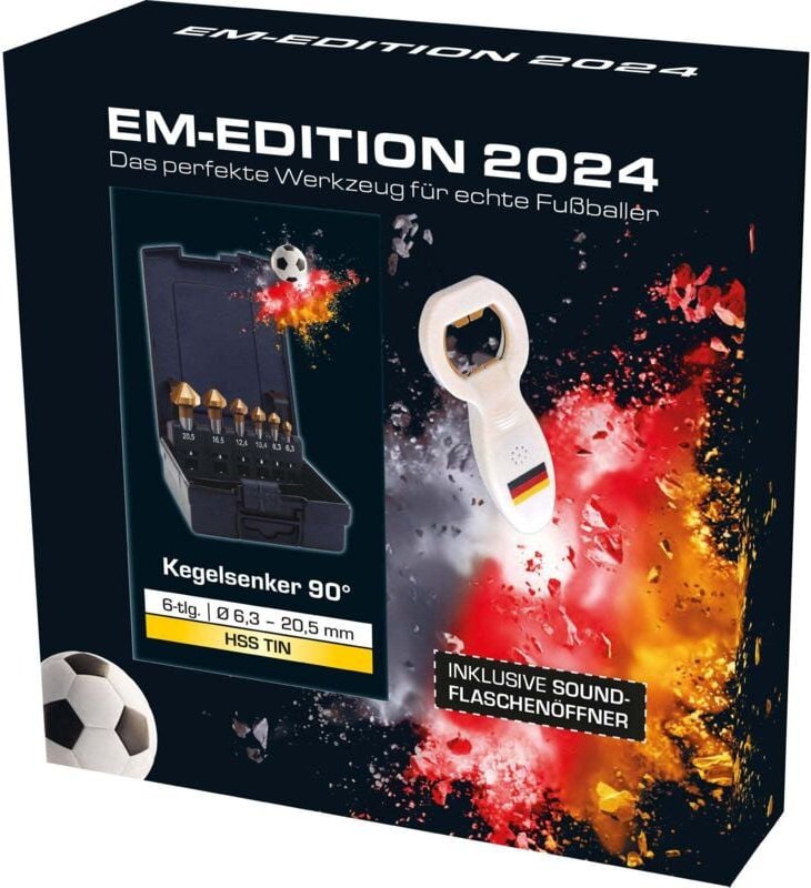 Kegelsenker-Set "EURO2024" Ø6,3-20,5mm, hss-tin, 90°, 6-tlg., DIN335, inkl. Sound-Flaschenöffner - Exact
