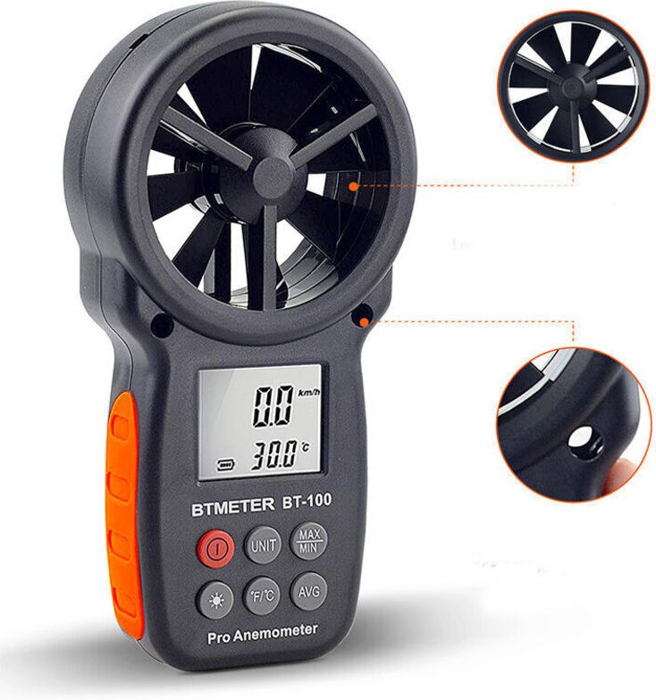 BT-100 Anemometer, digitales LCD-Windgeschwindigkeitsmessgerät, misst Geschwindigkeitstemperatur mit max/min/avg für Dro...