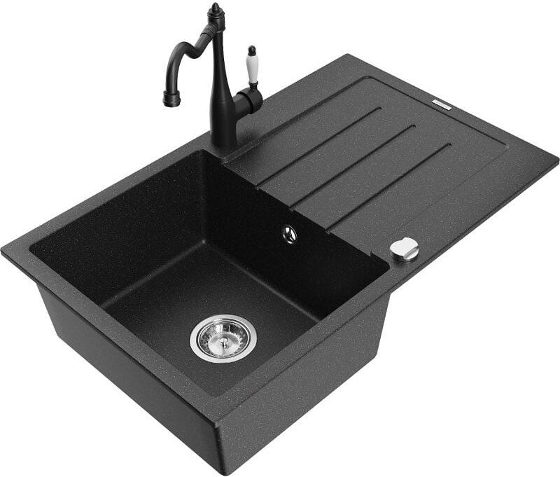 Bruno 1 Becken-Granitspüle mit Abtropffl√§che und Mischbatterie Carla, Schwarz/Silbermetallic - 6513-73-670700-70 - Mexe...