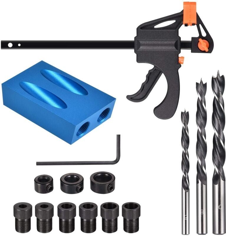 15-teilige Schrägbohrlehre, Holzbohrführung, 15°-Schräglochpositionierer für Zimmereiführungen, 6/8/10-mm-Lochadapter, f...