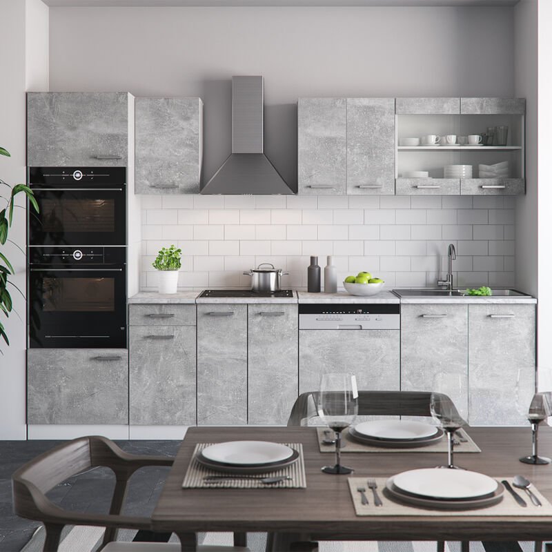Vicco - Küchenzeile R-Line, Beton, 300 cm mit Hochschrank, ap Marmor