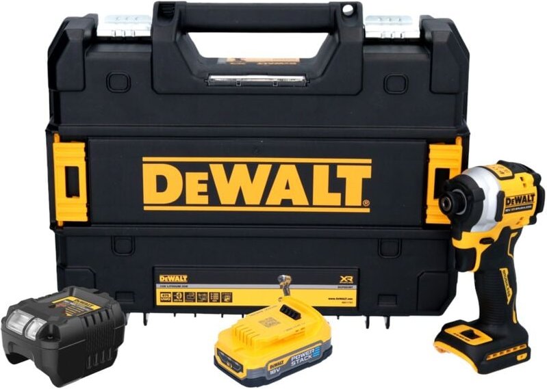 DeWalt DCF 850 E1T Akku Schlagschrauber 18 V 205 Nm 1/4" Brushless + 1x Powerstack Akku 1,7 Ah + Ladegerät + TSTAK