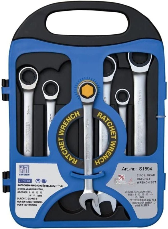 SW-Stahl S1594 Gabelringratschenschlüssel Satz 8-19 mm 7-teilg Multi-Profil I 72 Zähne I Maulschlüssel mit Ringratsche I...