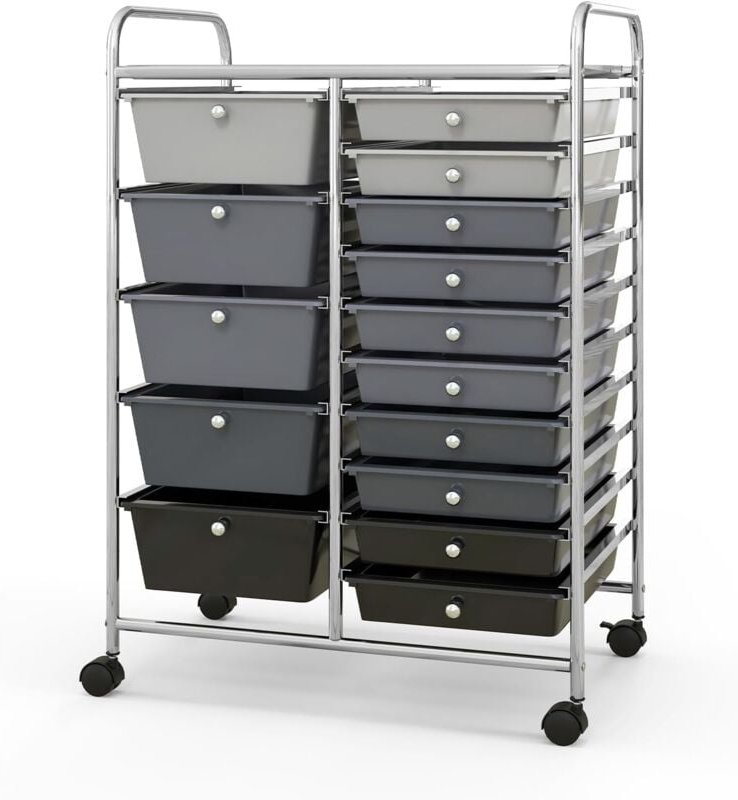 Chariot de Rangement 15 Tiroirs en pp Empilables Amovibles, Tour de Rangement à Roulette, Cadre en Métal, pour École, Bu...