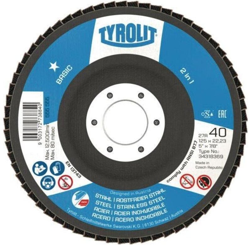 Tyrolit - Fächerscheibe basic ø 125 mm Körnung 40 gekröpft Stahl, Edelstahl za - Zirkonkorund