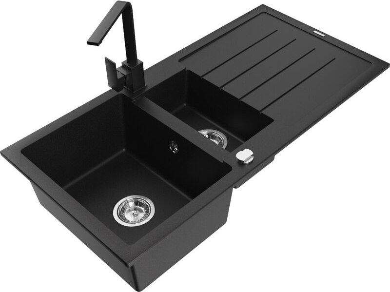 Andres 1,5-Becken-Granitspüle mit Abtropffläche und Mischbatterie Rita, Schwarz - 6515-77-6703 - Mexen