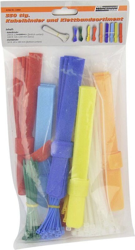 Brüder Mannesmann - M13060 Kabelbinder 100 mm, 180 mm, 200 mm Weiß, Rot, Grün, Gelb, Blau 350 Teile