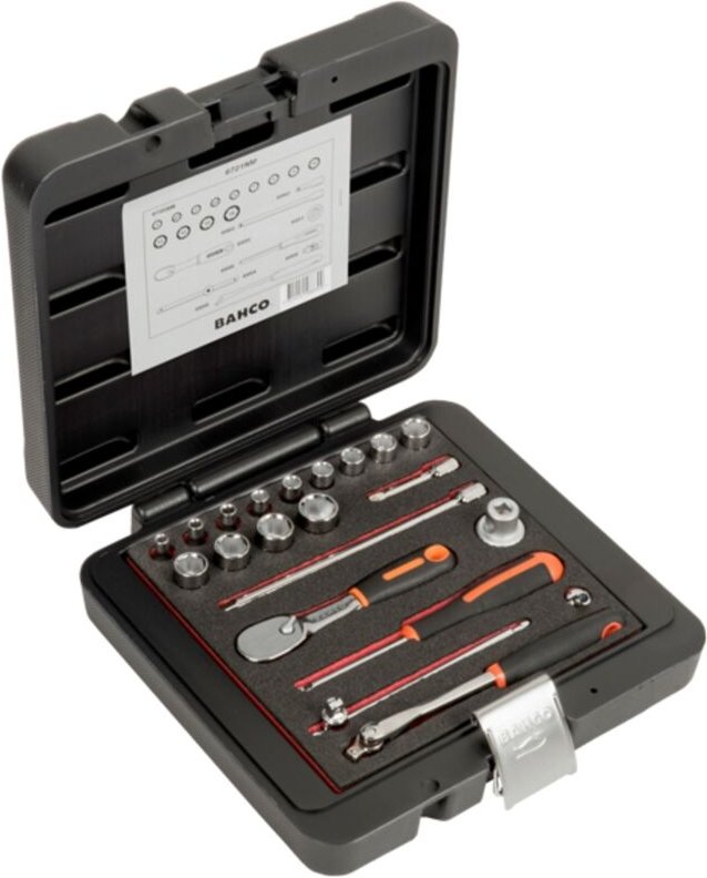 Bahco 1/4 Steckschlüssel-Satz, metrisch, Sechskantprofil, inklusive birnenförmiger Umschaltknarre/Adapter - 21-tlg.