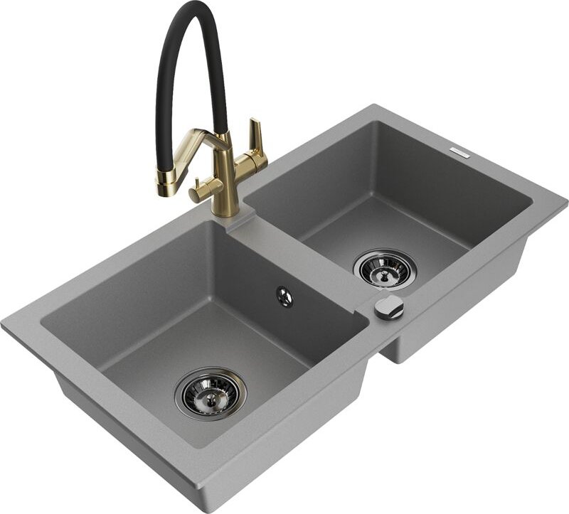 Thumbnail - Mario 2-Becken-Granitspüle mit Mischbatterie Duo, Grau - 6504-71-671701-57-B - Mexen