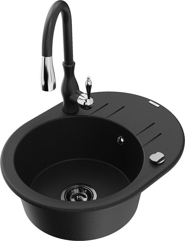 Kevin 1 Becken-Granitspüle mit Abtropffl√§che und Mischbatterie Savita, Schwarz - 6517-77-672601-70-B - Mexen